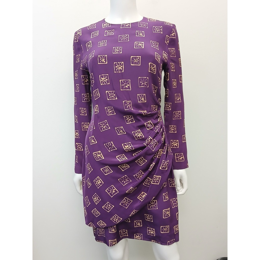 Vintage Jones New York Silk Dress Sheath Women 4 Purple Ruched Ethnic Geo Print